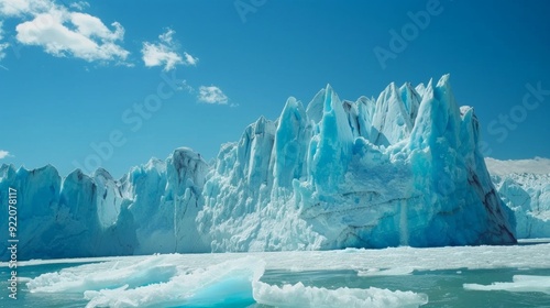 A stunning glacier landscape with striking ice formations, spires, and icebergs under a calm sky. The scene captures the serene yet dynamic nature of glaciers as they transition from blue to white.