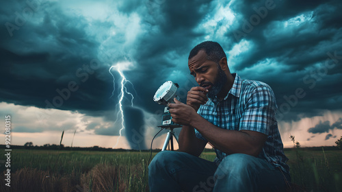 An African American meteorologist sets up a weather station in a field with a tornado in the background, capturing storm clouds and lightning in the daylight