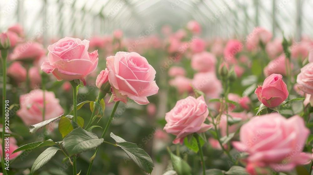 Obraz premium A vibrant image of a pink rose garden with several delicate flowers in bloom. The image symbolizes beauty, love, nature, and growth.