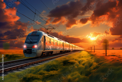 scenery of a train passing by on a beautiful grassy lawn with the sun and orange clouds in the background