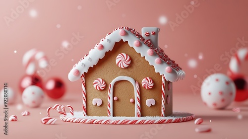  Festive gingerbread house decorated with candy canes and peppermint photo