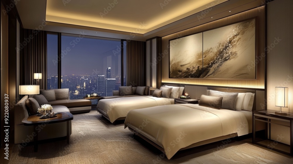A hotel room with two beds and a large window overlooking the city, AI A hotel room with two beds and a large window overlooking the city, AI