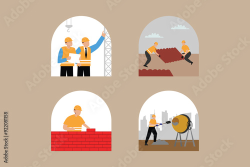 Builder and engineer look at draft. Foremen, workers install construction 2d flat vector illustrations