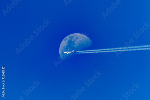 Moon and plane at blue sky
