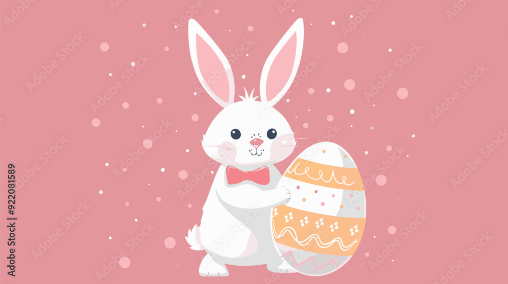 Cute easter bunny holding decorated egg on pink background with dots Cute easter bunny holding decorated egg on pink background with dots