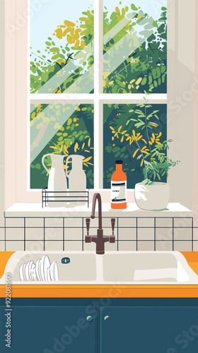 a kitchen sink with a view of greenery outside the window