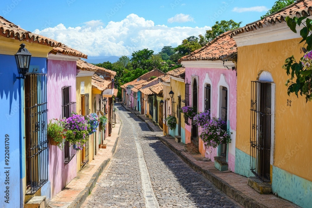 A street in a historic town, with the houses painted in a rainbow of pastel colors. A street in a historic town, with the houses painted in a rainbow of pastel colors.