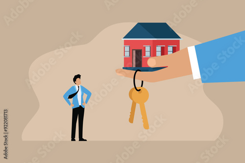 Big hand giving house and set of house keys. Purchase and pick real estate home. Property speculation 2d flat vector illustrations