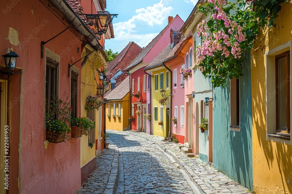 Obraz premium A street in a historic town, with the houses painted in a rainbow of pastel colors. 
