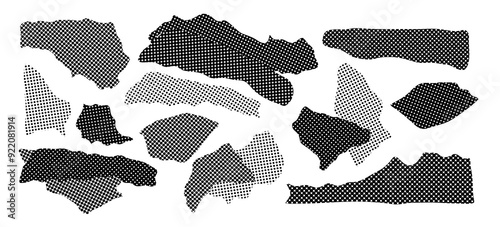 Set of halftone torn paper. Dots piece elements on isolated background in pop style.