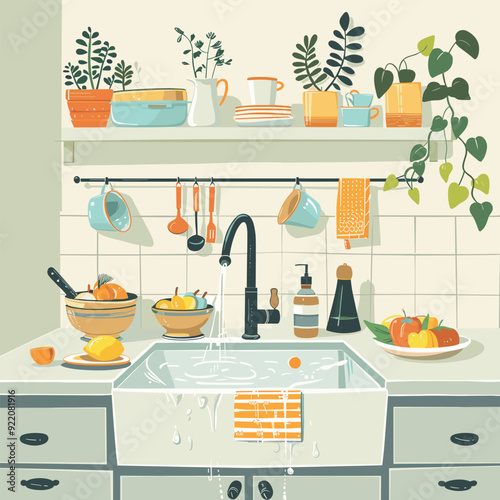 Modern kitchen interior with sink, plants, and colorful utensils