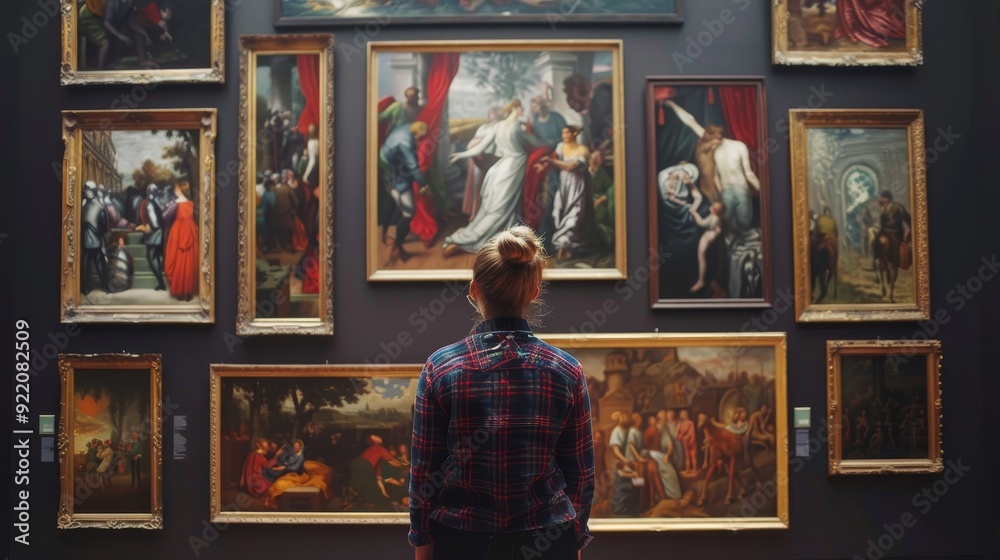 A woman stands in a gallery, captivated by the artwork, with paintings surrounding her, symbolizing the beauty of art, the power of history, the search for inspiration, the appreciation of culture A woman stands in a gallery, captivated by the artwork, with paintings surrounding her, symbolizing the beauty of art, the power of history, the search for inspiration, the appreciation of culture