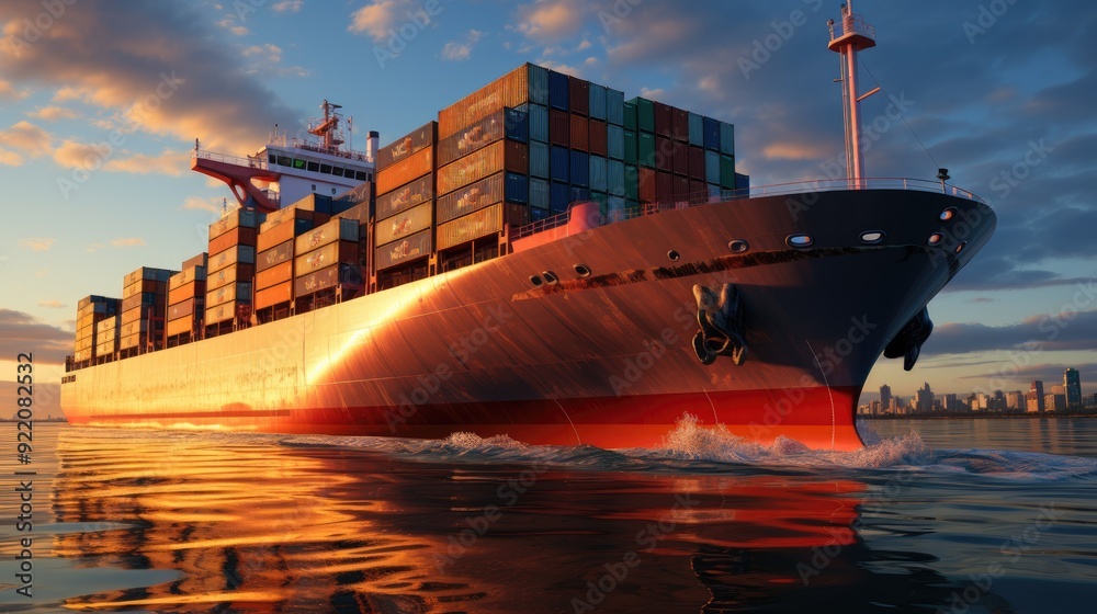 Naklejka premium Container ship on ocean, Business logistic import - export transport front view in sunset 