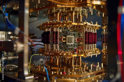 Close-up of a Quantum Computer Chip and Circuitry.