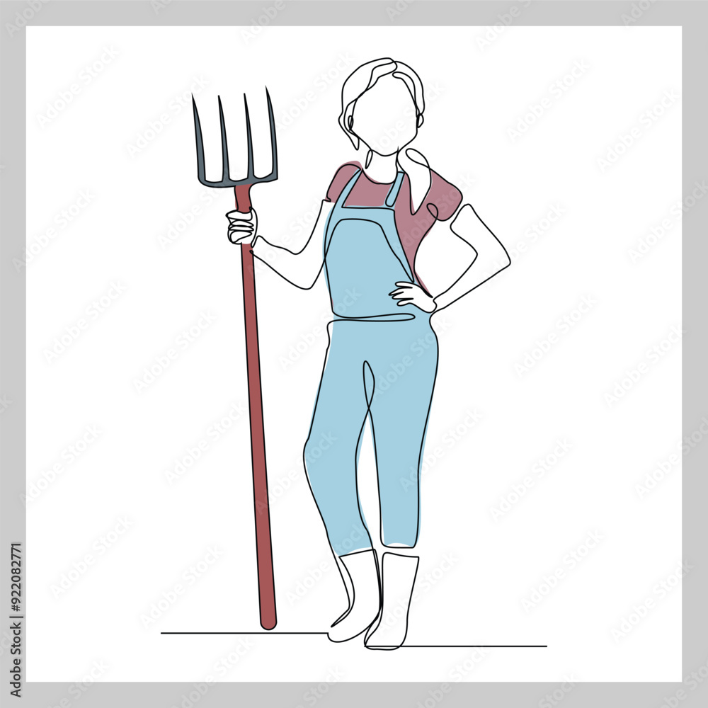 Continuous single line sketch drawing of farmer woman worker holding fork farming tool. One line art of occupation professional worker vector illustration Continuous single line sketch drawing of farmer woman worker holding fork farming tool. One line art of occupation professional worker vector illustration