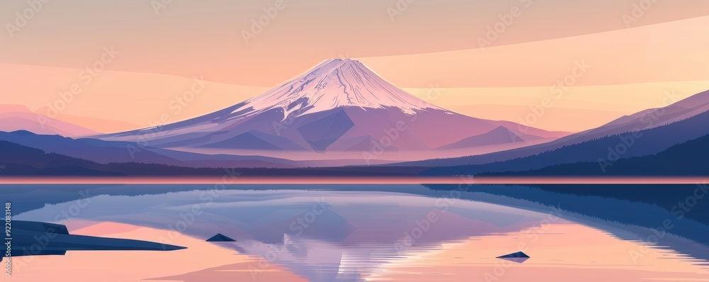 Naklejka premium Beautiful illustration of a serene mountain landscape at sunrise