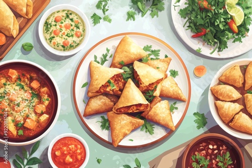 World Samosa Day flat illustration, featuring a table spread with different types of samosas, garnished with herbs