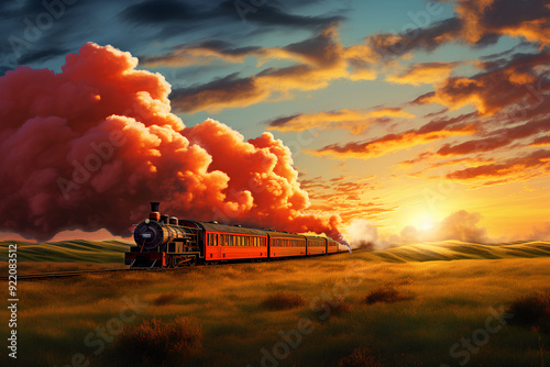 scenery of a train passing by on a beautiful grassy lawn with the sun and orange clouds in the background
