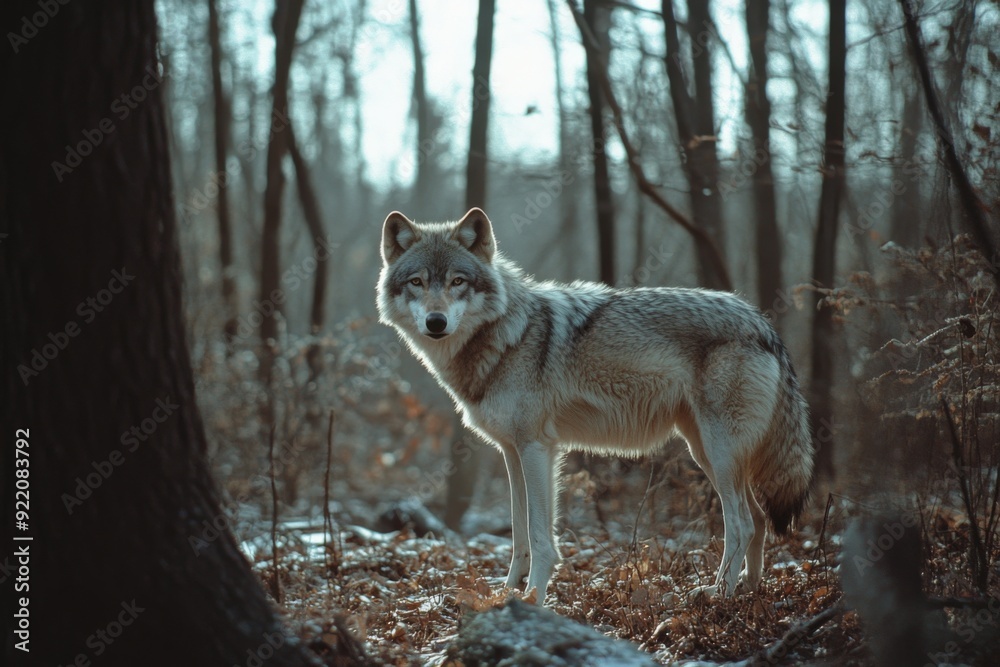 Obraz premium photo of a grey wolf standing in the woods