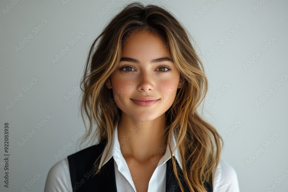 Caucasian woman in a white shirt and vest, posed against a minimalist white background. Caucasian woman in a white shirt and vest, posed against a minimalist white background.