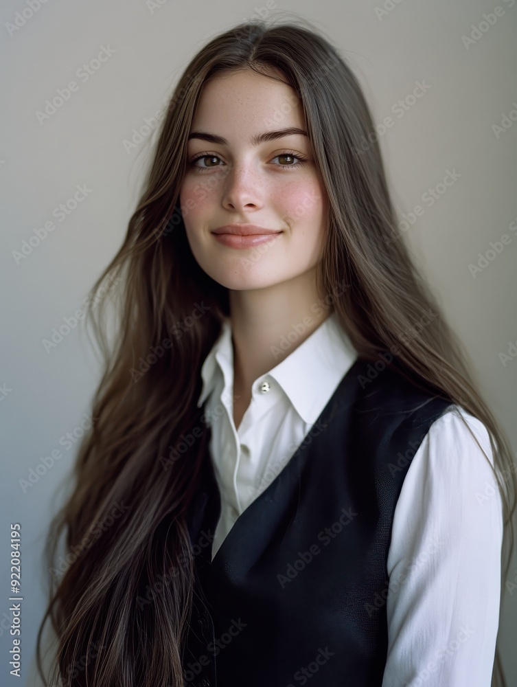 Caucasian woman in a white shirt and vest, posed against a minimalist white background. Caucasian woman in a white shirt and vest, posed against a minimalist white background.