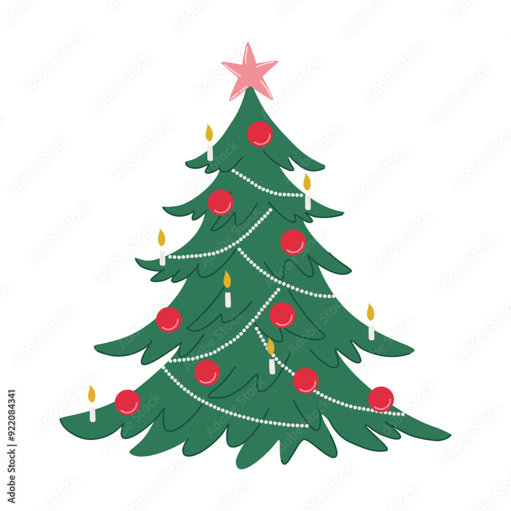 Christmas tree decorated with star, red balls and candles. Holiday fir tree isolated on transparent background. Festive Winter design element. Traditional symbol. Flat design vector illustration. Christmas tree decorated with star, red balls and candles. Holiday fir tree isolated on transparent background. Festive Winter design element. Traditional symbol. Flat design vector illustration.