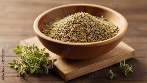 Dried spicy herbs in a wooden bowl on a wooden table with sprigs of fresh herbs