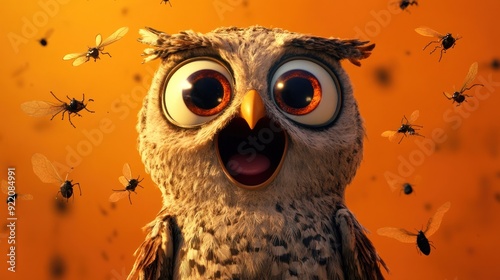 Cute Owl with Big Eyes and Open Mouth Surrounded by Flying Insects photo