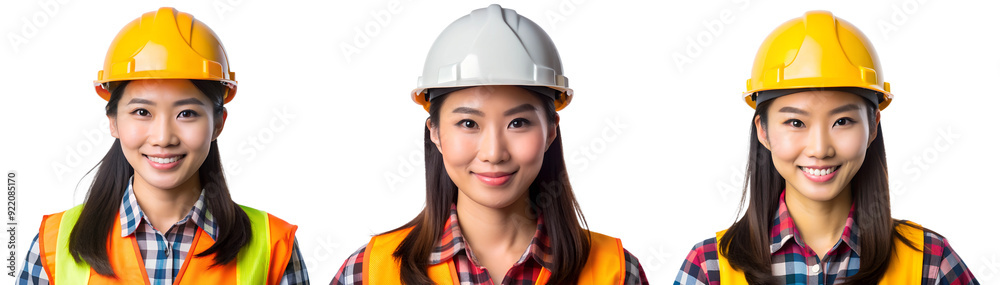 Set of portraits of Asian girls in construction clothes on a transparent background. Construction and business concept. Set of portraits of Asian girls in construction clothes on a transparent background. Construction and business concept.