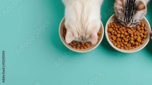 Whiskerlicious Delight - Adorable Cat Enjoying Premium Dry Food on Teal Background photo