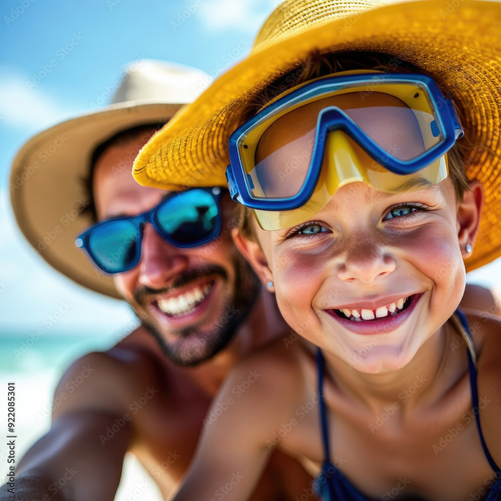 A family, sporting wide-brimmed hats and swimming goggles, is captured at the beach under a clear sky, enjoying a sunny and carefree day, surrounded by blue water and golden sand. A family, sporting wide-brimmed hats and swimming goggles, is captured at the beach under a clear sky, enjoying a sunny and carefree day, surrounded by blue water and golden sand.