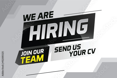 Hiring recruitment design for banner poster. We are hiring lettering with geometric shapes lines. Vector illustration typographic. Open vacancy design template

