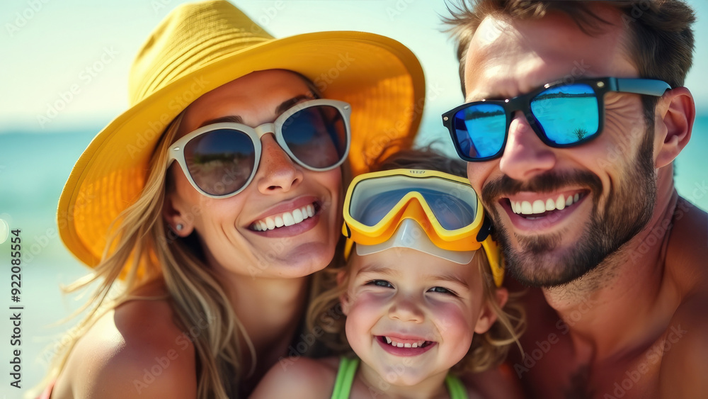 Seaside joy as a young family enjoys their day under the sun; parents in sunglasses and hats, with their little child wearing swimming goggles, all beaming with happiness and warmth. Seaside joy as a young family enjoys their day under the sun; parents in sunglasses and hats, with their little child wearing swimming goggles, all beaming with happiness and warmth.