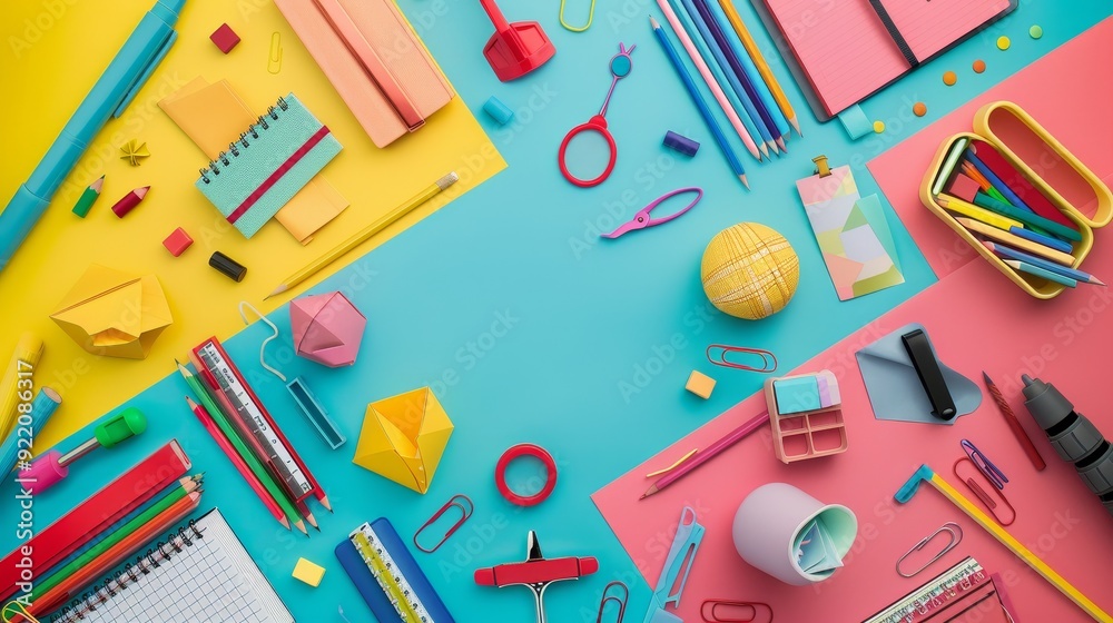 Back to school supplies like pens, pencils, paper, and notebooks arranged on a colorful background, symbolizing creativity, learning, knowledge, organization, and new beginnings. Back to school supplies like pens, pencils, paper, and notebooks arranged on a colorful background, symbolizing creativity, learning, knowledge, organization, and new beginnings.