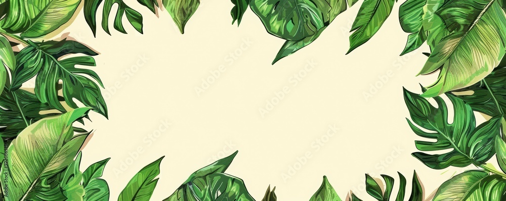 Naklejka premium Tropical green leaves frame on a light background, perfect for nature themes, invitations, and summer designs. Natural and refreshing tropical vibe.