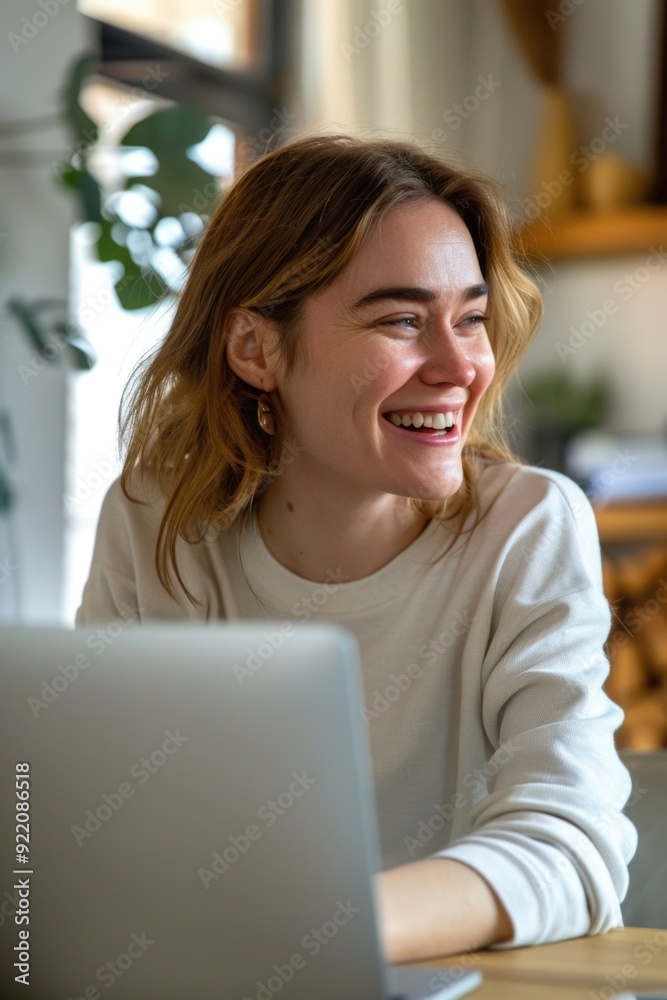 Lady with smile, working on computer. Casual work setting. Contentment. Productivity. Joy. Laptop usage. Lady with smile, working on computer. Casual work setting. Contentment. Productivity. Joy. Laptop usage.