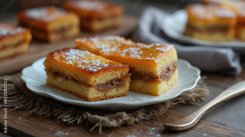 Visual depiction of tender layered pastry dessert squares, perfectly sprinkled with powdered sugar, served on a visually appealing rustic wooden table, perfect for bakery lovers. Visual depiction of tender layered pastry dessert squares, perfectly sprinkled with powdered sugar, served on a visually appealing rustic wooden table, perfect for bakery lovers.