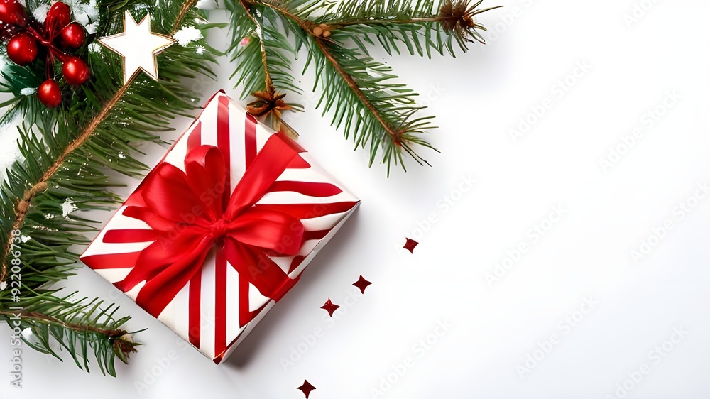 Christmas fir branches, gift boxes with red ribbon, red decoration, sparkles and confetti on white background. Xmas and New Year greeting card, winter holiday. Flat lay, top view Christmas fir branches, gift boxes with red ribbon, red decoration, sparkles and confetti on white background. Xmas and New Year greeting card, winter holiday. Flat lay, top view