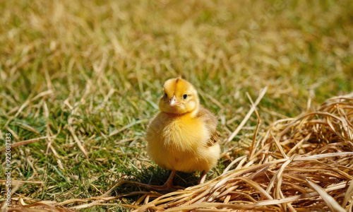 A small yellow chick stands on green grass surrounded by dry straw, enjoying a warm sunny day. Its fluffy feathers glisten in the sunlight as it curiously explores its surroundings.