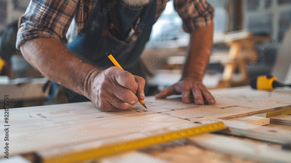 Cropped shot of unrecognizable carpenter with gray beard measuring outlines of chair in new construction drawing Cropped shot of unrecognizable carpenter with gray beard measuring outlines of chair in new construction drawing
