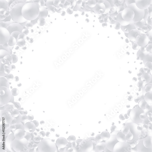 Background with realistic balls, transparent glossy bubbles. Abstract minimal design. Vector illustration. Gray balls. Eps 10