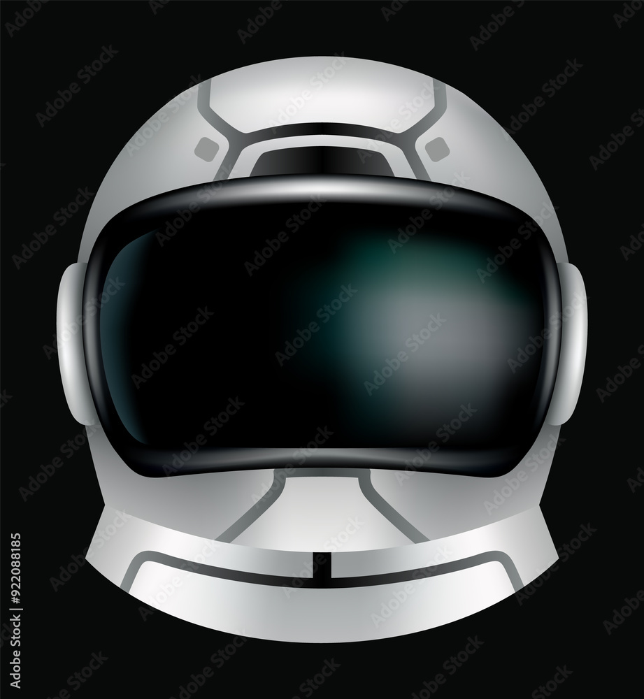 Astronaut helmet, realistic cosmonaut mask with glass for space exploration and flight in cosmos. Part suit for protection spaceman head. Isolated illustration