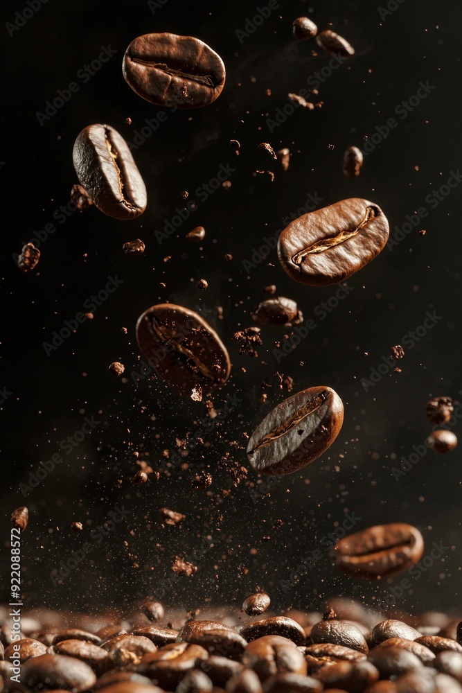 Closeup shot of coffee beans dropping from above Closeup shot of coffee beans dropping from above