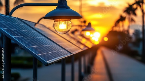 Solar-powered streetlights, vibrant innovation, green cities, eco-friendly infrastructure photo