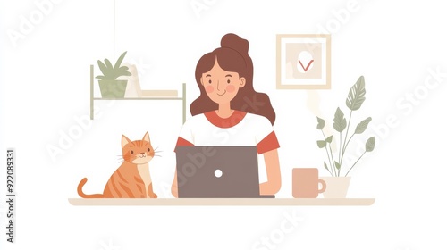 Working at home, a happy woman in red and white uses a laptop with her ginger cat.