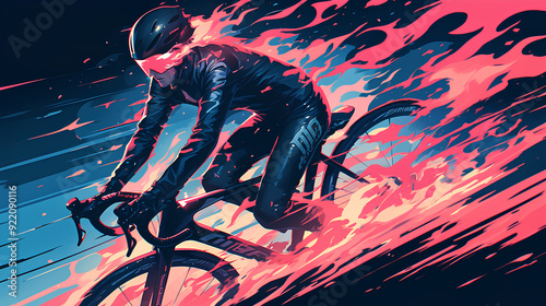 people riding a bike with burning fire on dark background, digital art style, illustration painting photo