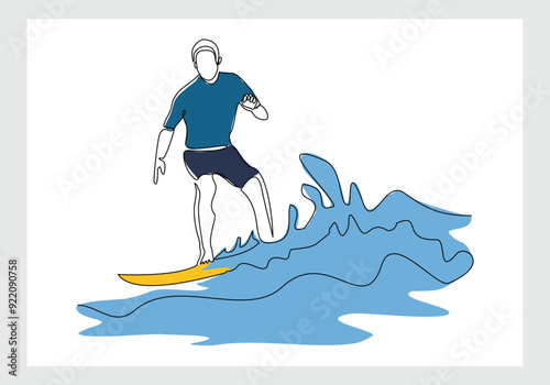 Continuous single line sketch drawing of professional surfing athlete man ride surfboard on big wave. One line art of extreme sport surfer on beach summer vector illustration