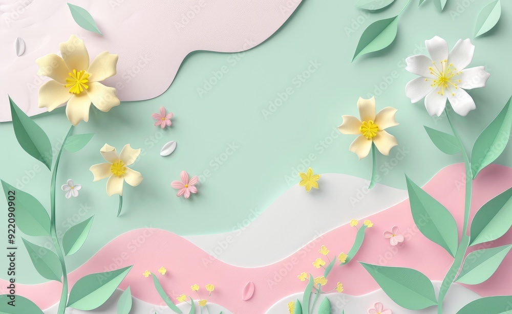 Colorful Paper Cut Spring Flowers and Leaves in Vibrant Flat Lay on Lush Green Background Colorful Paper Cut Spring Flowers and Leaves in Vibrant Flat Lay on Lush Green Background