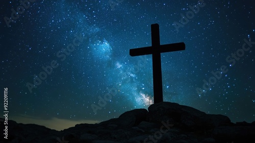 A cross silhouetted against the night sky, with stars twinkling in the background, symbolizing hope and faith in the darkness.