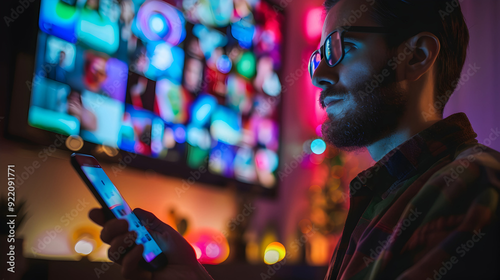 Man in Glasses Using Phone with Blurred Lights in Background - Photo Man in Glasses Using Phone with Blurred Lights in Background - Photo